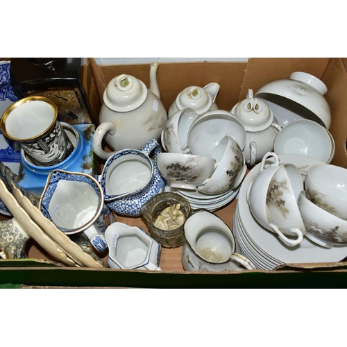 583 - TWO BOXES OF CERAMICS AND FLATWARES ETC, to include six Norwegian silver teaspoons 830 purity, cased... 