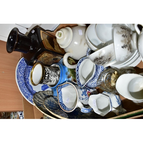 583 - TWO BOXES OF CERAMICS AND FLATWARES ETC, to include six Norwegian silver teaspoons 830 purity, cased... 