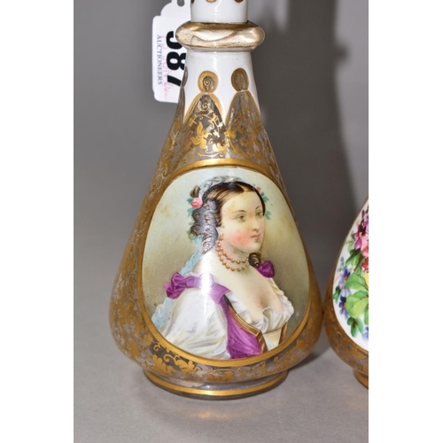 587 - A PAIR OF BOHEMIAN GLASS OVERLAY BOTTLES WITH STOPPERS, hand painted female  portraits to one side, ... 