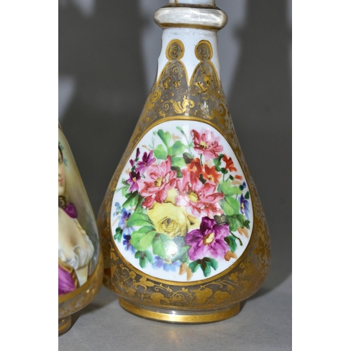 587 - A PAIR OF BOHEMIAN GLASS OVERLAY BOTTLES WITH STOPPERS, hand painted female  portraits to one side, ... 