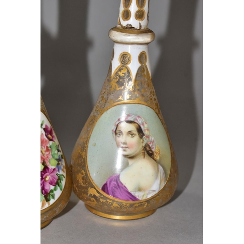 587 - A PAIR OF BOHEMIAN GLASS OVERLAY BOTTLES WITH STOPPERS, hand painted female  portraits to one side, ... 