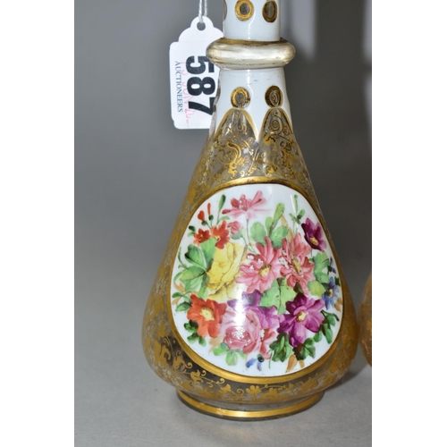 587 - A PAIR OF BOHEMIAN GLASS OVERLAY BOTTLES WITH STOPPERS, hand painted female  portraits to one side, ... 