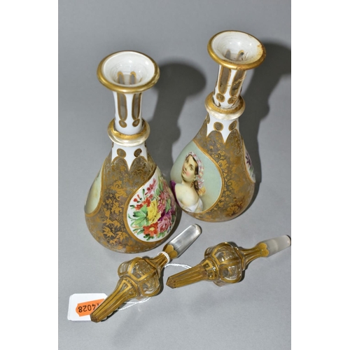 587 - A PAIR OF BOHEMIAN GLASS OVERLAY BOTTLES WITH STOPPERS, hand painted female  portraits to one side, ... 