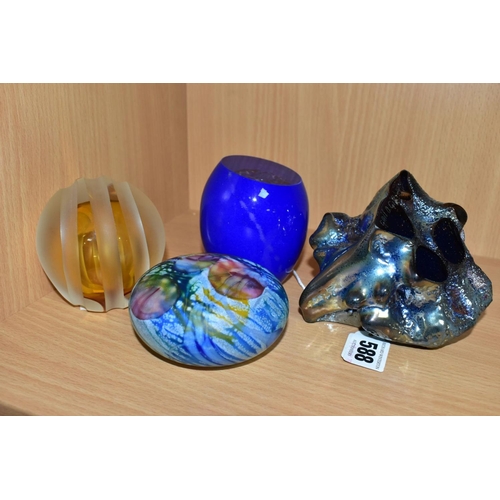 588 - FOUR DECORATIVE STUDIO GLASS PAPERWEIGHTS, comprising Gail D. Gill iridescent rock form paperweight,... 