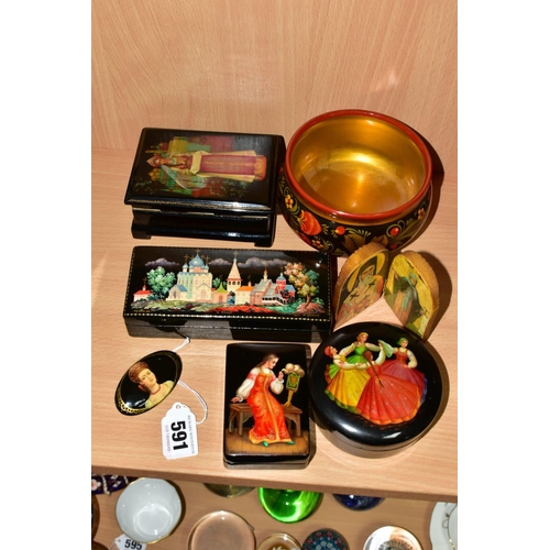 591 - LATE 20TH CENTURY RUSSIAN LACQUER WORK BOXES ETC, comprising a circular box painted with dancing lad... 