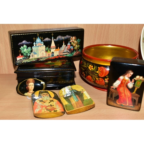 591 - LATE 20TH CENTURY RUSSIAN LACQUER WORK BOXES ETC, comprising a circular box painted with dancing lad... 