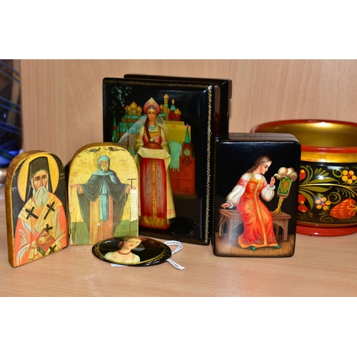 591 - LATE 20TH CENTURY RUSSIAN LACQUER WORK BOXES ETC, comprising a circular box painted with dancing lad... 