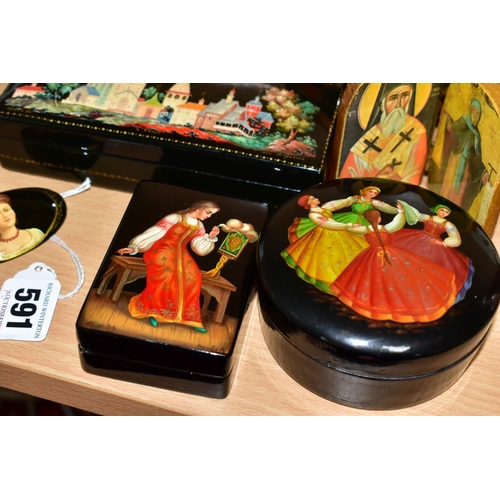 591 - LATE 20TH CENTURY RUSSIAN LACQUER WORK BOXES ETC, comprising a circular box painted with dancing lad... 