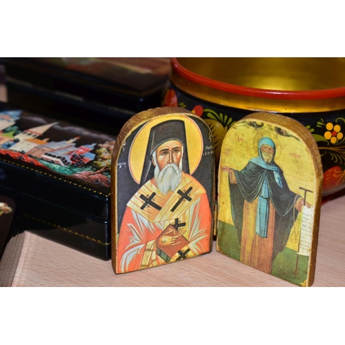 591 - LATE 20TH CENTURY RUSSIAN LACQUER WORK BOXES ETC, comprising a circular box painted with dancing lad... 