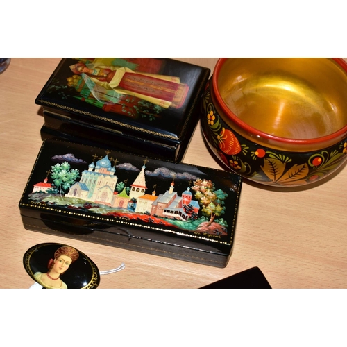 591 - LATE 20TH CENTURY RUSSIAN LACQUER WORK BOXES ETC, comprising a circular box painted with dancing lad... 