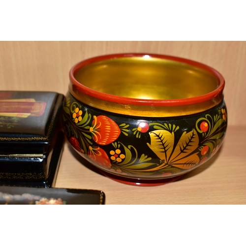 591 - LATE 20TH CENTURY RUSSIAN LACQUER WORK BOXES ETC, comprising a circular box painted with dancing lad... 