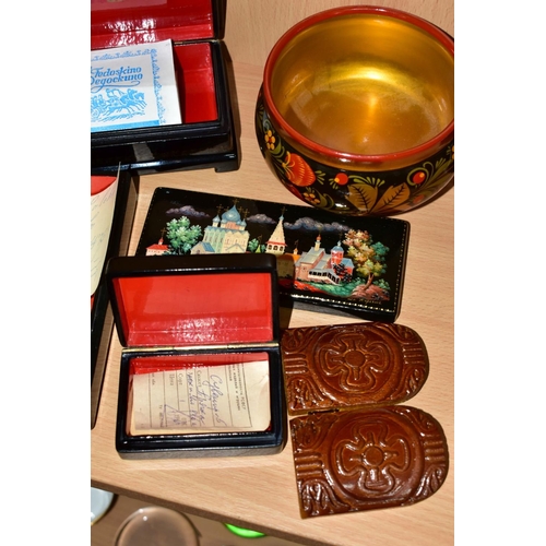 591 - LATE 20TH CENTURY RUSSIAN LACQUER WORK BOXES ETC, comprising a circular box painted with dancing lad... 