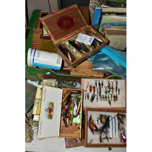 615 - TWO BOXES AND LOOSE FISHING RODS AND OTHER SUPPLIES, with rods to include ABU Atlantic 212 and Milbr... 