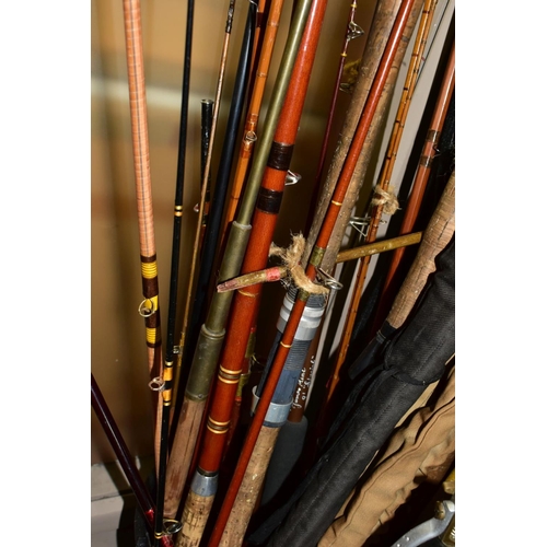 615 - TWO BOXES AND LOOSE FISHING RODS AND OTHER SUPPLIES, with rods to include ABU Atlantic 212 and Milbr... 