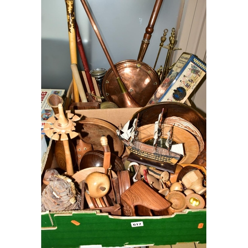 617 - TWO BOXES OF TREEN AND METALWARES, to include a carved and stained Polish walking stick, a brass wal... 