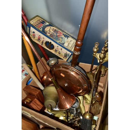 617 - TWO BOXES OF TREEN AND METALWARES, to include a carved and stained Polish walking stick, a brass wal... 