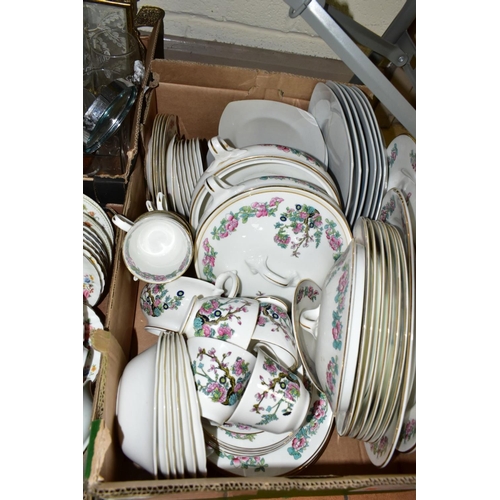 618 - FIVE BOXES OF CERAMICS AND GLASSWARES, to include a fifty two piece Duchess Indian Tree pattern dinn... 