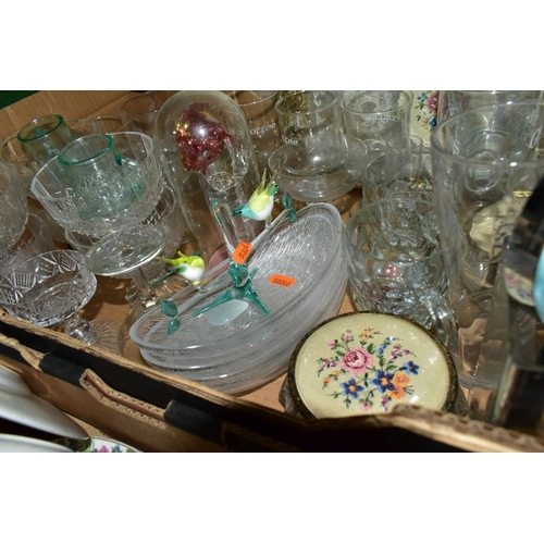 618 - FIVE BOXES OF CERAMICS AND GLASSWARES, to include a fifty two piece Duchess Indian Tree pattern dinn... 