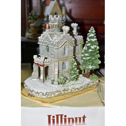 623 - FIVE BOXED SNOW COVERED LILLIPUT LANE SCULPTURES, all with deeds, comprising two from the Christmas ... 