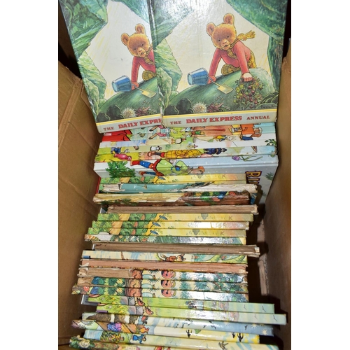 629 - TWO BOXES OF RUPERT THE BEAR ANNUALS AND BOOKS, to include Rupert annuals for 1961, 1963, 1964, 1968... 