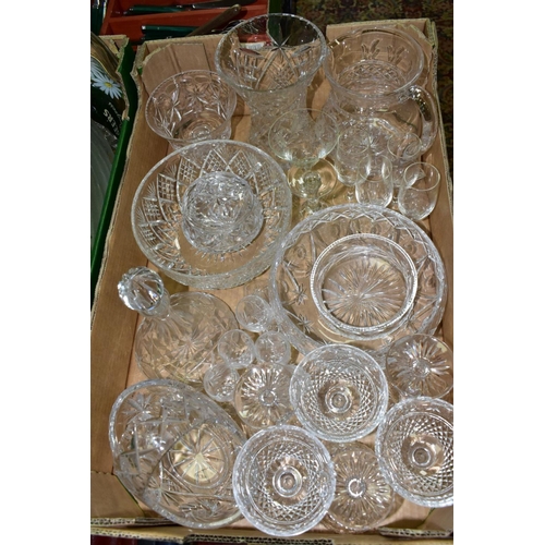 631 - THREE BOXES OF GLASSWARES, to include a red cut to clear decanter, a green seven piece fruit bowl se... 