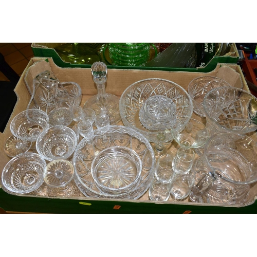 631 - THREE BOXES OF GLASSWARES, to include a red cut to clear decanter, a green seven piece fruit bowl se... 