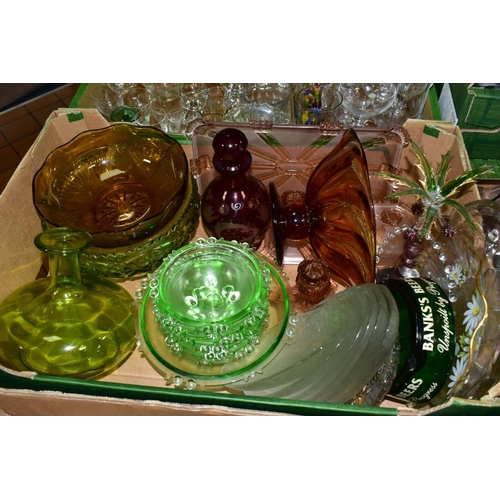 631 - THREE BOXES OF GLASSWARES, to include a red cut to clear decanter, a green seven piece fruit bowl se... 