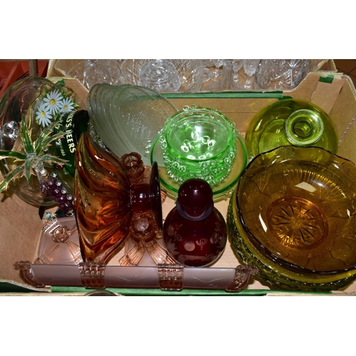 631 - THREE BOXES OF GLASSWARES, to include a red cut to clear decanter, a green seven piece fruit bowl se... 