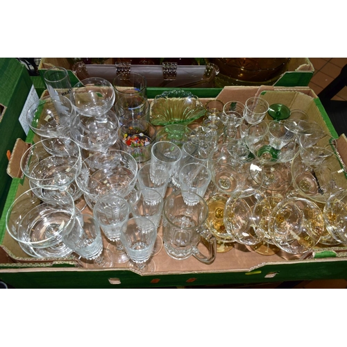 631 - THREE BOXES OF GLASSWARES, to include a red cut to clear decanter, a green seven piece fruit bowl se... 