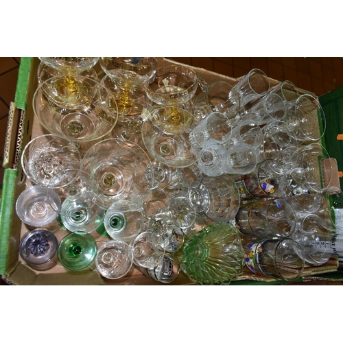 631 - THREE BOXES OF GLASSWARES, to include a red cut to clear decanter, a green seven piece fruit bowl se... 