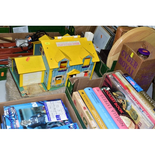 633 - FOUR BOXES AND LOOSE BOOKS, FOOTBALL PROGRAMMES AND SUNDRY ITEMS, to include ten books with subjects... 