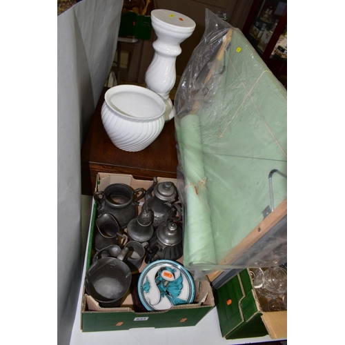 634 - A BOX AND LOOSE PEWTER, JARDINIERE, CUTLERY BOX AND SUNDRY ITEMS, to include a large wooden cutlery ... 