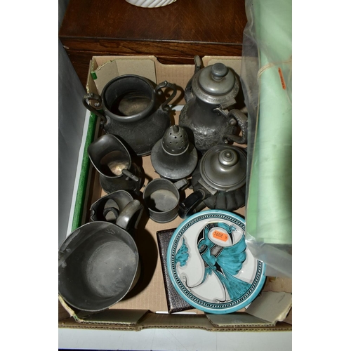 634 - A BOX AND LOOSE PEWTER, JARDINIERE, CUTLERY BOX AND SUNDRY ITEMS, to include a large wooden cutlery ... 