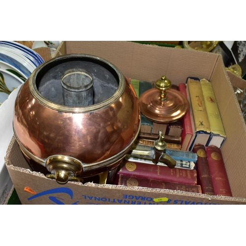 635 - FOUR BOXES OF GLASSWARES, BOOKS, SAMOVAR, ETC, to include a brass and copper samovar of spherical fo... 