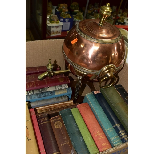 635 - FOUR BOXES OF GLASSWARES, BOOKS, SAMOVAR, ETC, to include a brass and copper samovar of spherical fo... 