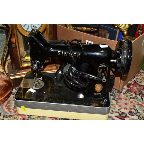 636 - A BOX AND LOOSE SEWING MACHINE, CLOCKS, BOOKS AND SUNDRY ITEMS, to include a Singer 99K sewing machi... 