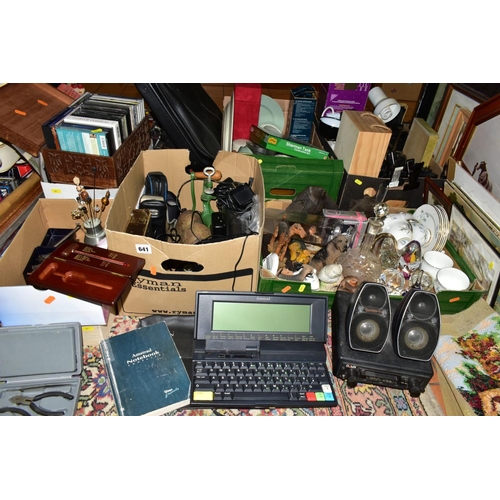 641 - EIGHT BOXES, A SUITCASE AND LOOSE CERAMICS, GLASS, VINTAGE COMPUTER AND ELECTRONICS, CDS AND SUNDRY ... 