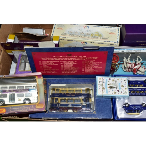 643 - TWO BOXES AND LOOSE BOXED DIECAST CORONATION COACHES AND OTHER VEHICLES to include a Corgi 1:40 scal... 