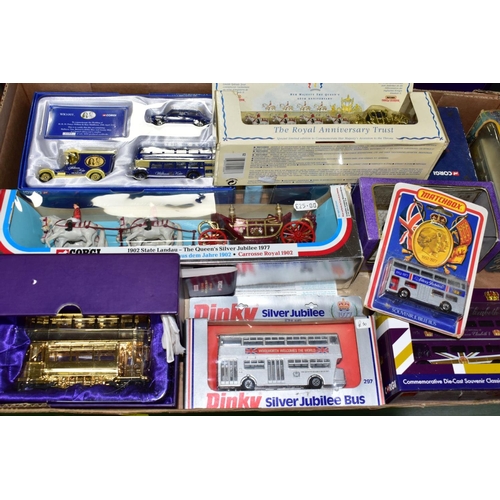 643 - TWO BOXES AND LOOSE BOXED DIECAST CORONATION COACHES AND OTHER VEHICLES to include a Corgi 1:40 scal... 