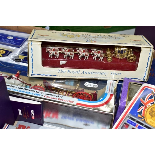 643 - TWO BOXES AND LOOSE BOXED DIECAST CORONATION COACHES AND OTHER VEHICLES to include a Corgi 1:40 scal... 