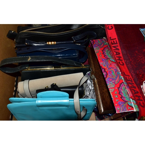 645 - TWO BOXES AND LOOSE RADLEY, VINTAGE AND OTHER NAMED HANDBAGS, SCARVES, TIES, WATCHES AND COSTUME JEW... 