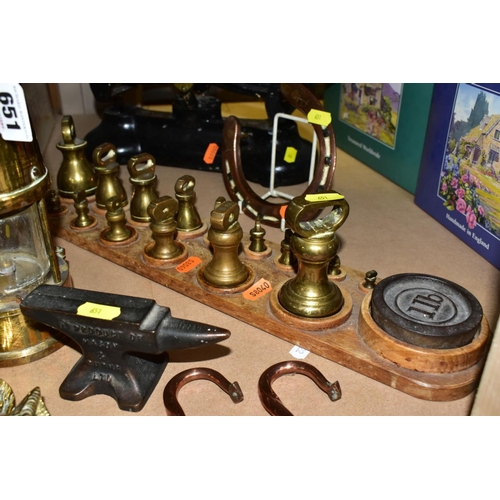 651 - METAL WARES COMPRISING A MINERS ECCLES SAFETY LAMP, Libra cast iron weighing scales, a set of weight... 