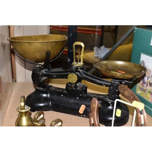 651 - METAL WARES COMPRISING A MINERS ECCLES SAFETY LAMP, Libra cast iron weighing scales, a set of weight... 