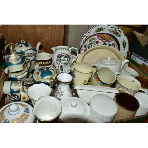 652 - FOUR BOXES OF ASSORTED CERAMICS ETC, to include Royal Doulton Field Flower part dinner service, Twil... 