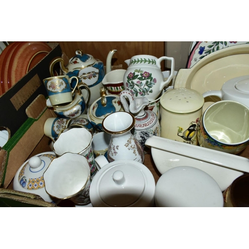 652 - FOUR BOXES OF ASSORTED CERAMICS ETC, to include Royal Doulton Field Flower part dinner service, Twil... 