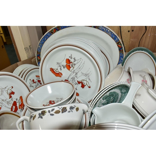 652 - FOUR BOXES OF ASSORTED CERAMICS ETC, to include Royal Doulton Field Flower part dinner service, Twil... 