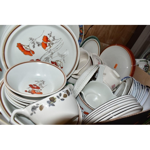 652 - FOUR BOXES OF ASSORTED CERAMICS ETC, to include Royal Doulton Field Flower part dinner service, Twil... 