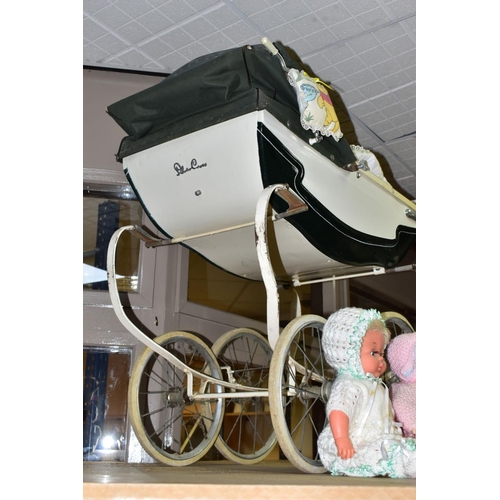 655 - A CHILDS SILVER CROSS PRAM, the body has been repainted, together with a Palitoy plastic doll with s... 