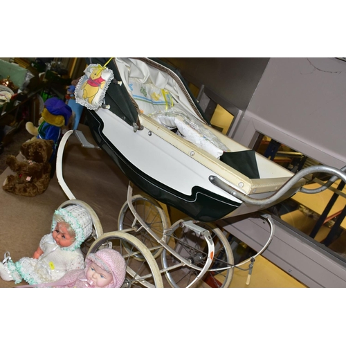 655 - A CHILDS SILVER CROSS PRAM, the body has been repainted, together with a Palitoy plastic doll with s... 