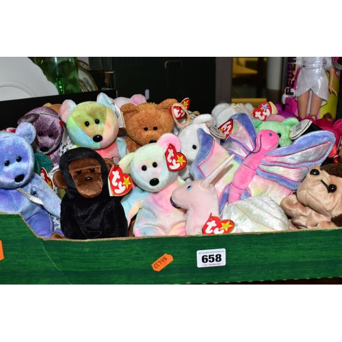 658 - THIRTY TY BEANIE BABIES, to include bears, monkey, snail, Puffin and dog, most still with tags attac... 